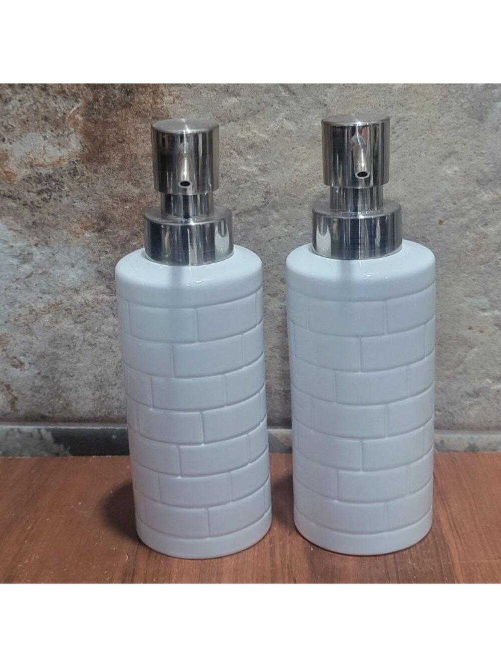 Threshold White Ceramic Soap Dispenser Set 2pc Subway Tile Brick Pattern Chrome - Picture 2 of 8